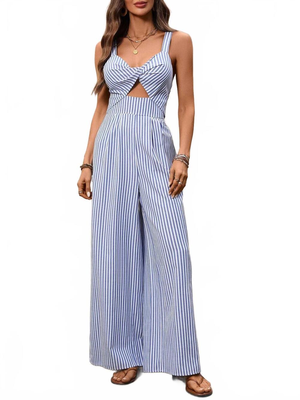 NEW SUHKASANA striped cutout wide leg jumpsuit in blue